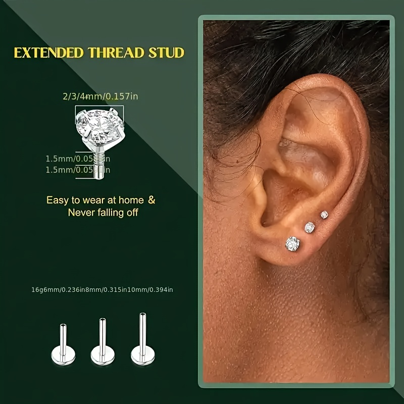 6pcs 16G Flat Back Earrings Studs Cartilage Jewelry 316L Stainless Steel